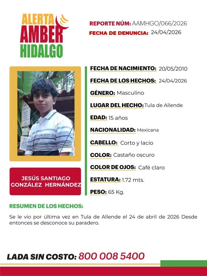 Alerta Amber: Se busca a Jesús Santiago González Hernández, de 15 años, desapareció en Tula de Allende