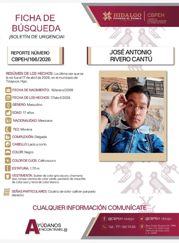 Alerta Amber: Se busca a José Antonio Rivero Cantú de 17 años, desapareció en Tizayuca