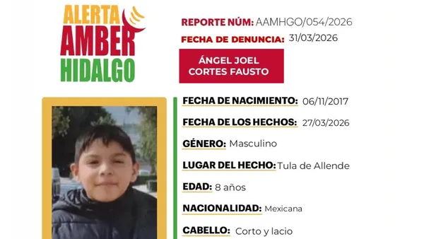 Ficha oficial de Alerta Amber para localizar a Ángel Joel Cortes Fausto en Hidalgo.