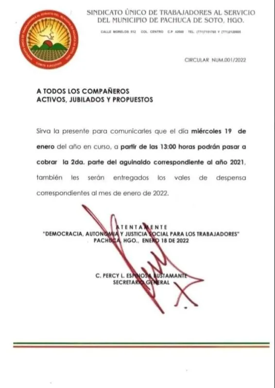 Anuncian pago de segunda parte del aguinaldo a trabajadores del municipio de Pachuca