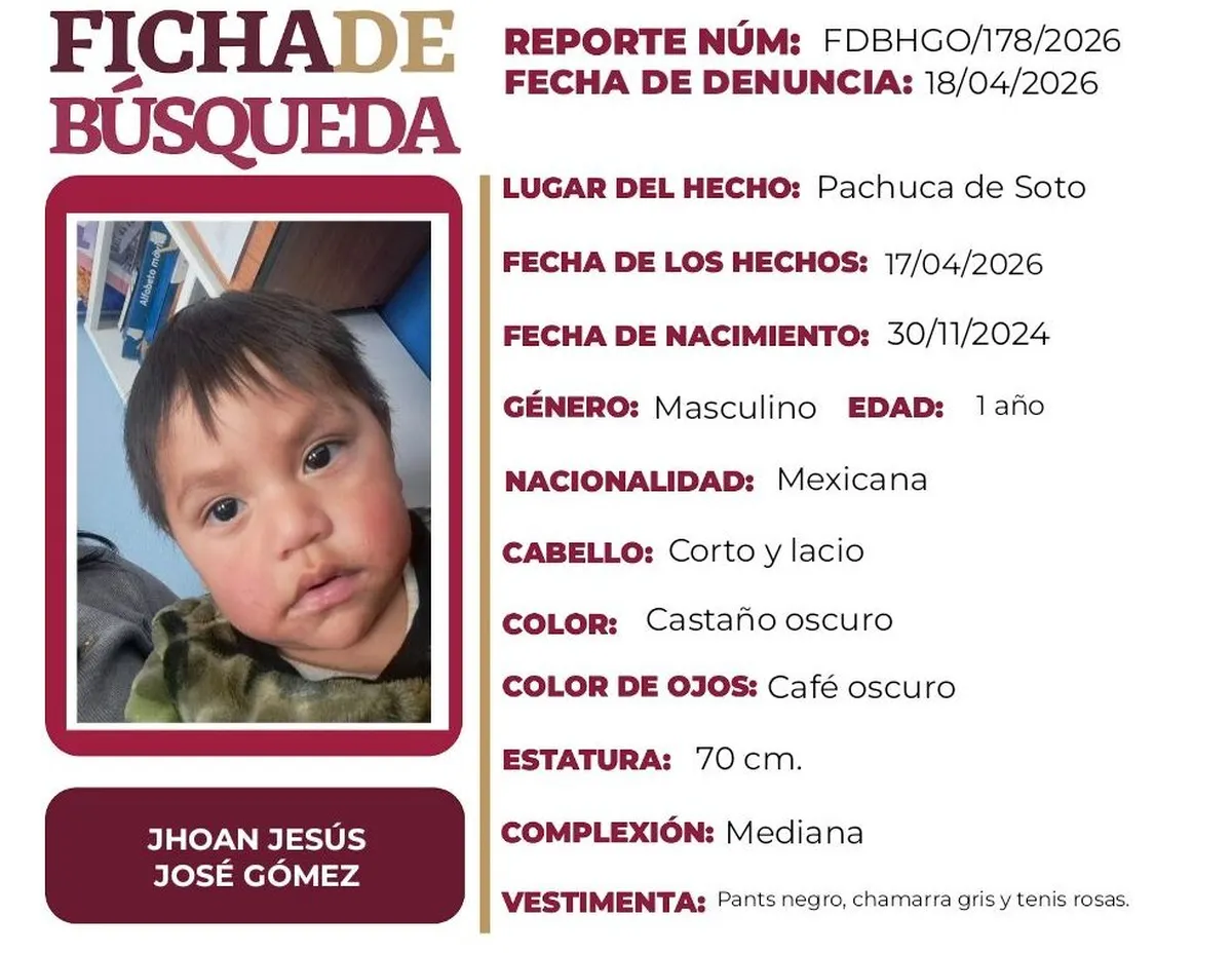 Alerta Amber: Se busca a Jhoan Jesús José Gómez, de 1 año, desapareció en Pachuca