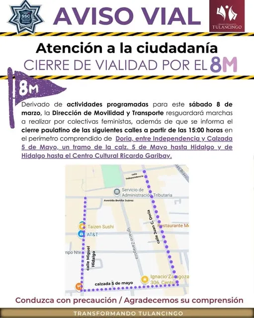 8M Hidalgo 2025: calles cerradas en Pachuca y Tulancingo por las marchas | LISTA