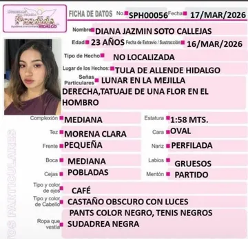 Ficha de búsqueda Diana, joven desaparecida en Tula de Allende