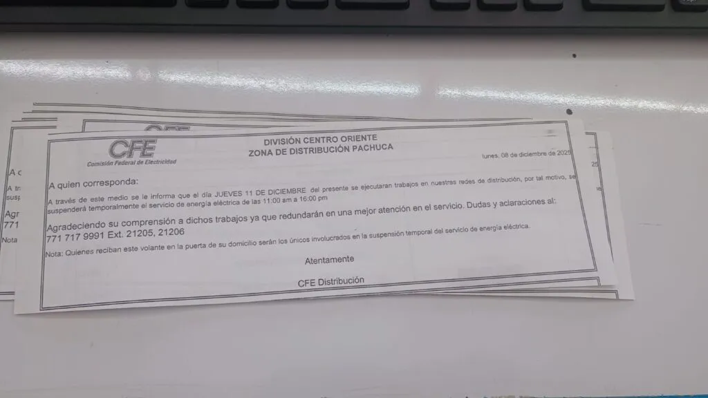 CFE anuncia cortes programados: varias colonias de Pachuca podrían quedarse sin luz