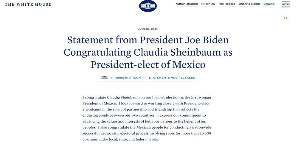 Biden felicita a Claudia Sheinbaum por su histórica elección como presidenta de México