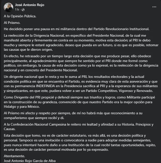 Reelección de “Alito” Moreno divide al PRI: José Antonio Rojo da un paso atrás
