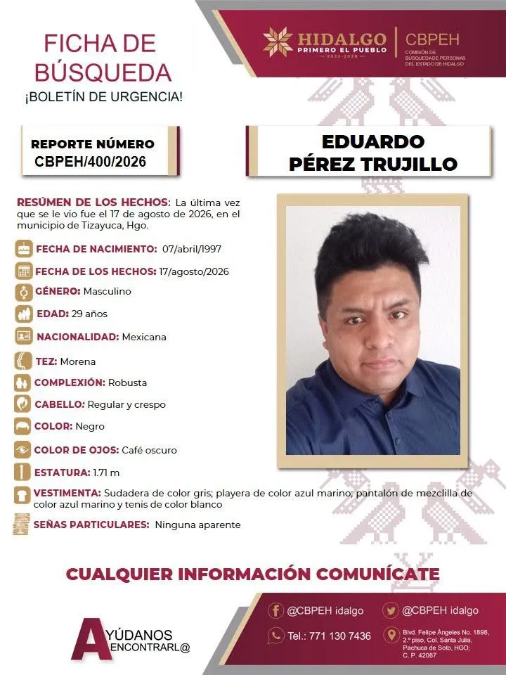 Buscan a Eduardo Pérez Trujillo, desaparecido en Tizayuca