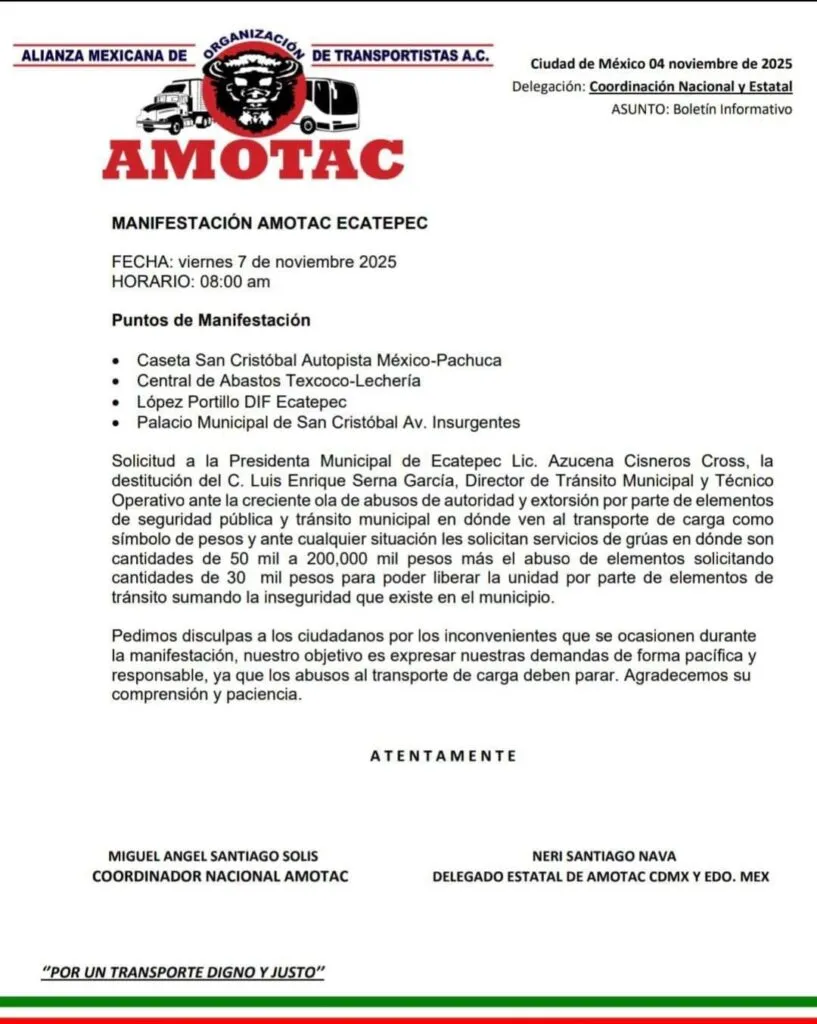 Transportistas anuncian bloqueo en la autopista México–Pachuca por presuntas extorsiones