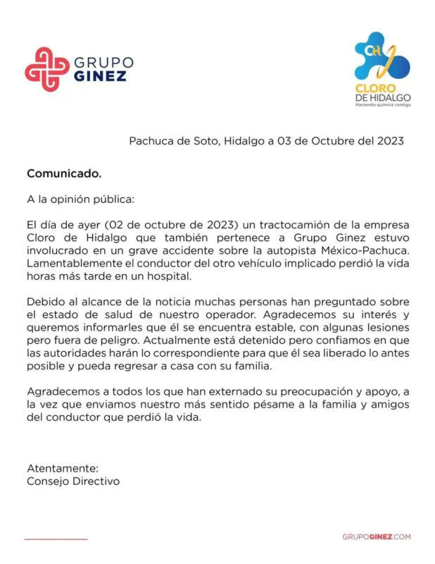 Grupo Ginez se pronuncia tras accidente de pipa en la autopista México-Pachuca