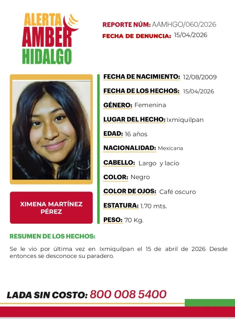 Alerta Amber Hidalgo: se busca a Ximena Martínez Pérez, desaparecida en Ixmiquilpan