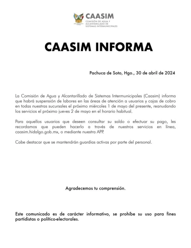 ¡Pasa la voz! Las oficinas de Caasim están cerradas, te decimos cuándo abrirán