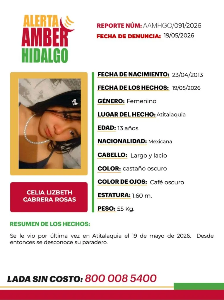 Alerta Amber: Se busca a Celia Lizbeth Cabrera Rosas de 13 años, desapareció en Atitalaquia