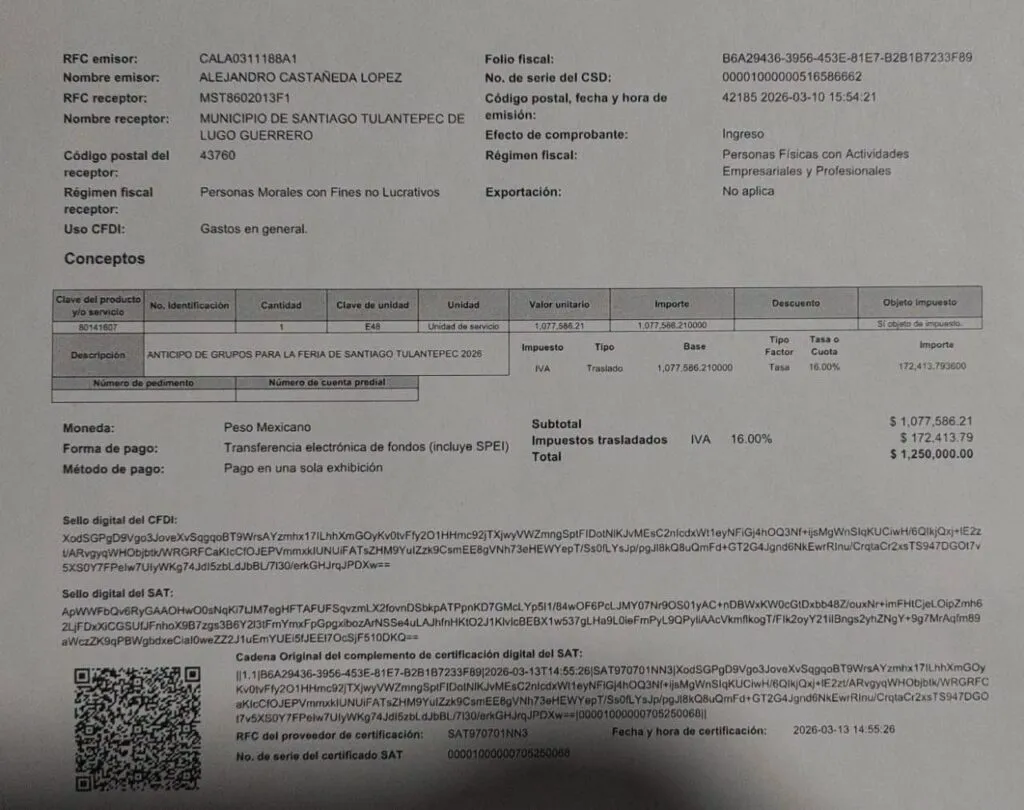 Exhiben facturas con presuntos sobrecostos por 8 MDP en Feria de Santiago Tulantepec; gobierno guarda silencio