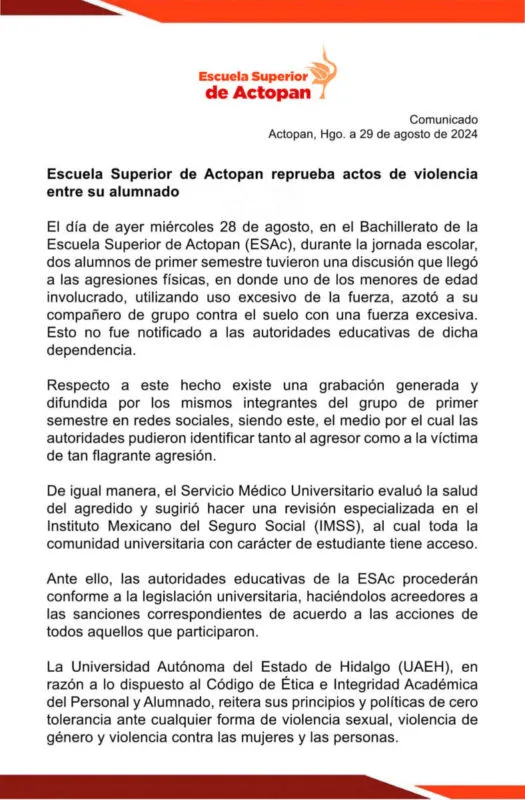 Escuela Superior de Actopan reprueba actos de violencia, garantiza sanciones para responsables