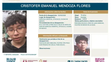 Urgente: Buscan a Cristofer Emanuel Mendoza Flores, menor de 16 años visto por última vez en Iztacalco