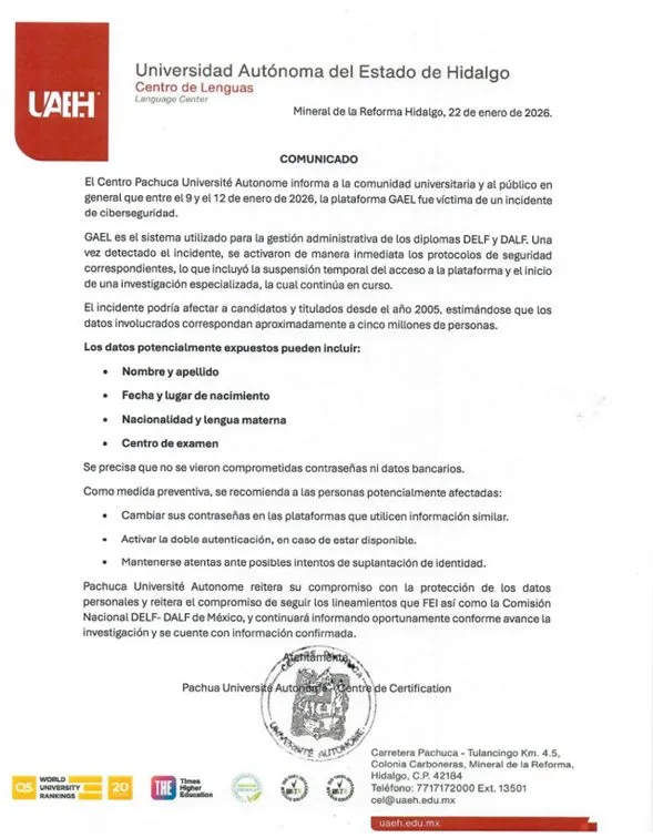 Ciberataque a la UAEH expone datos personales de egresados desde 2005