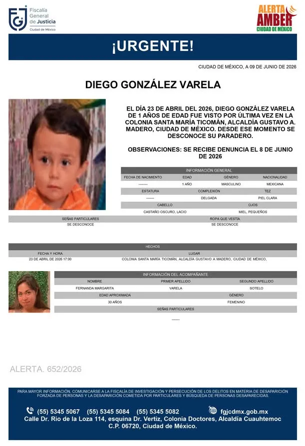Alerta Amber: Se busca a Diego González Varela de 1 año, desapareció en la GAM, CDMX