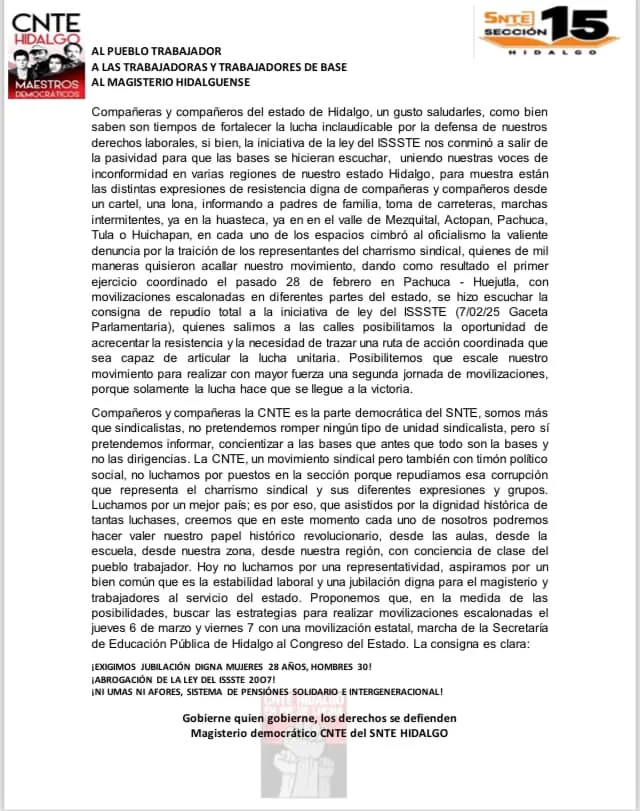 CNTE Hidalgo anuncia movilización estatal este viernes 7 de marzo: Conoce la ruta que seguirán