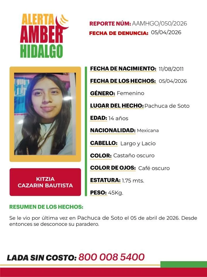 Alerta Amber: Se busca a Kitzia Casarín Bautista, de 14 años, desapareció en Pachuca