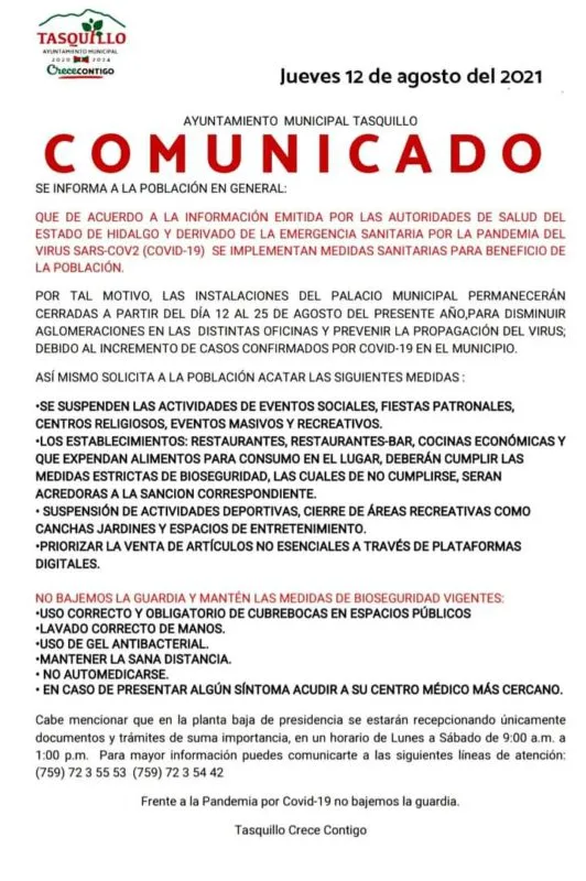 Tasquillo cierra ayuntamiento ante repunte de Covid 19