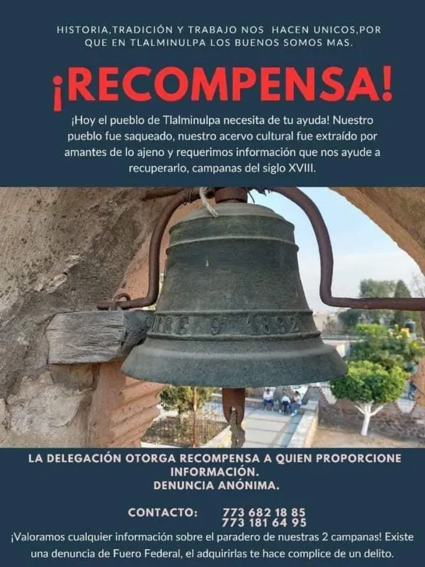 Ofrecen recompensa por campanas robadas en Atitalaquia