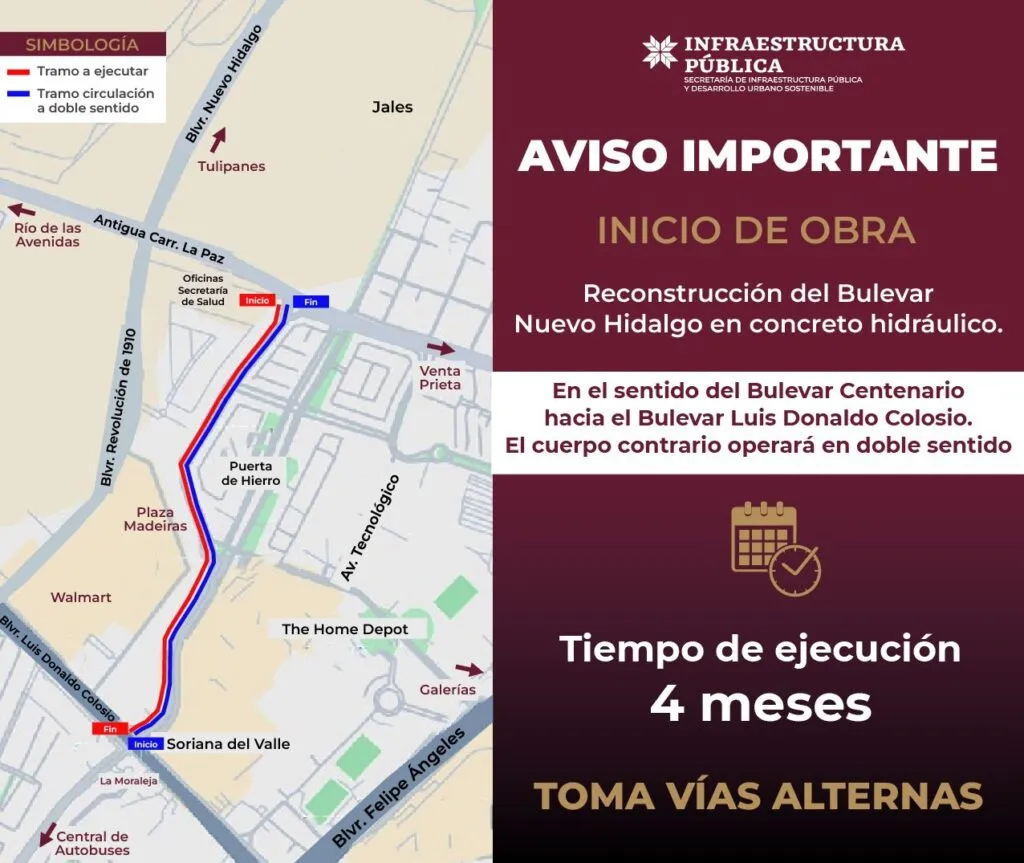 Pachuca: bulevar Nuevo Hidalgo será de doble sentido durante cuatro meses por obras