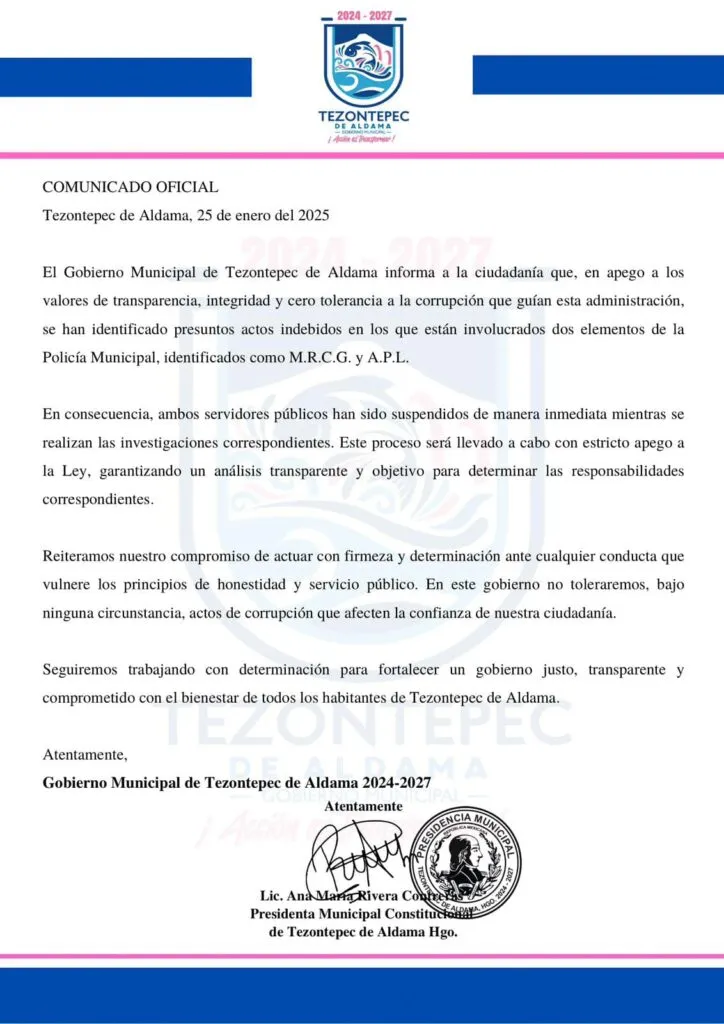 Policías de Tezontepec de Aldama investigados por presunto soborno