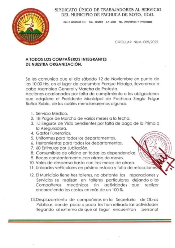 Sindicalizados de Pachuca cancelan marcha para exigir derechos laborales
