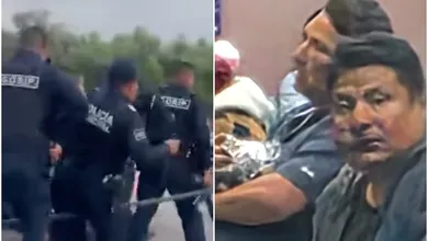 Composición dividida: a la izquierda policías municipales de Pachuca en operativo; a la derecha, familia que denuncia agresiones y allanamiento.