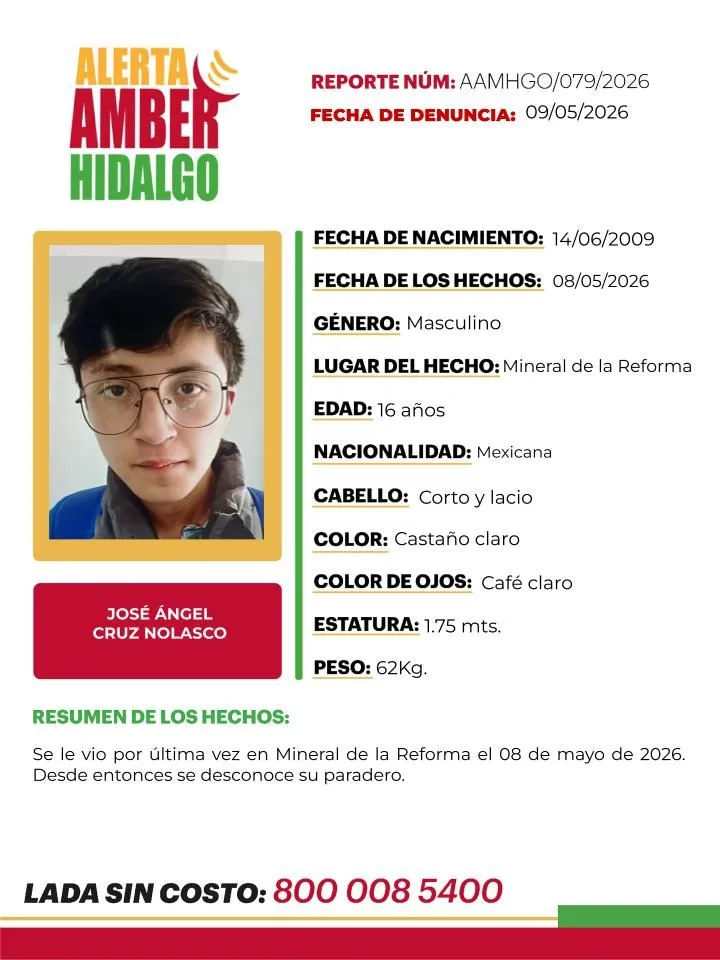 Alerta Amber Hidalgo: se busca a José Ángel Cruz Nolasco en Mineral de la Reforma