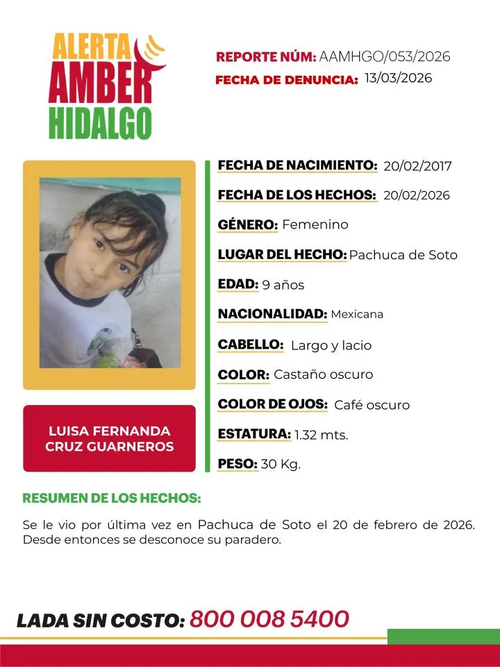 Alerta Amber: se busca a Luisa Fernanda Cruz Guarneros, desaparecida en Pachuca