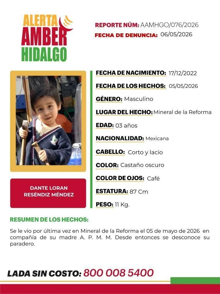Alerta Amber Hidalgo: se busca a Dante Loran Reséndiz Méndez de 3 años