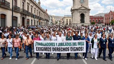 Trabajadores del IMSS durante movilización en Pachuca