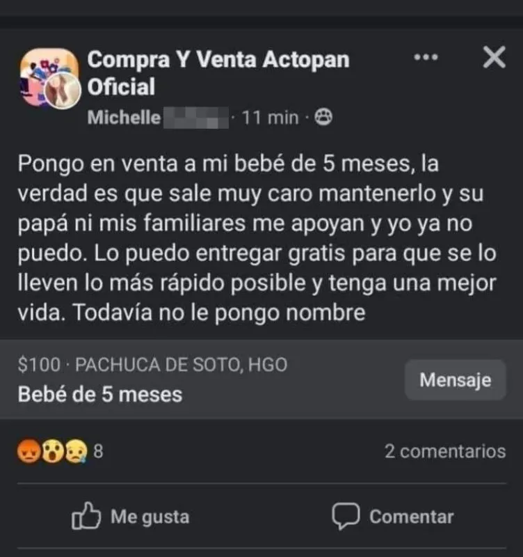 Actopan: mujer pone a la venta a su bebé en Facebook