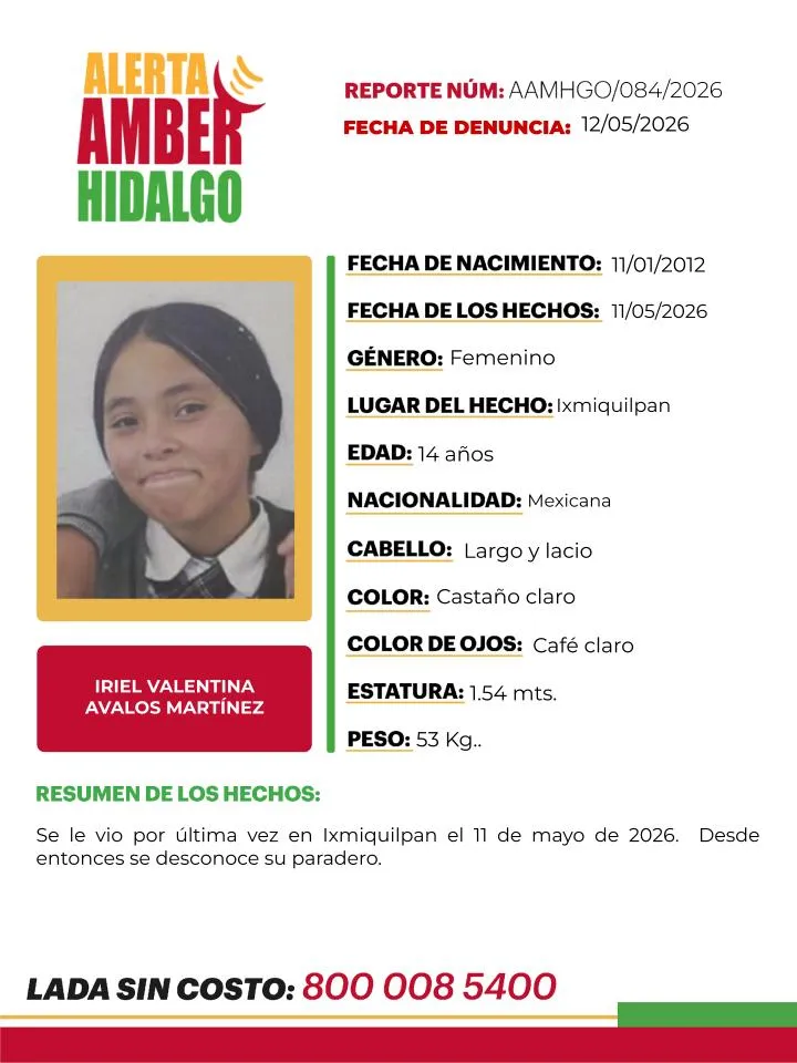 Alerta Amber Hidalgo: buscan a Iriel Valentina Avalos Martínez, desaparecida en Ixmiquilpan