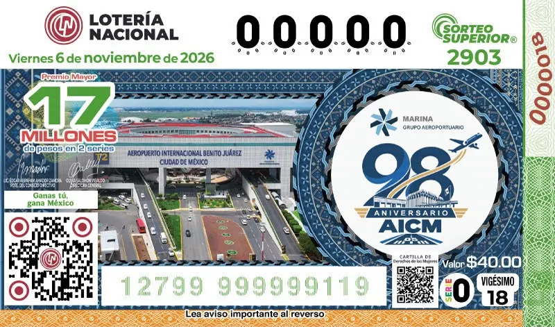 Lotería Nacional celebra 98 años del AICM con billete conmemorativo