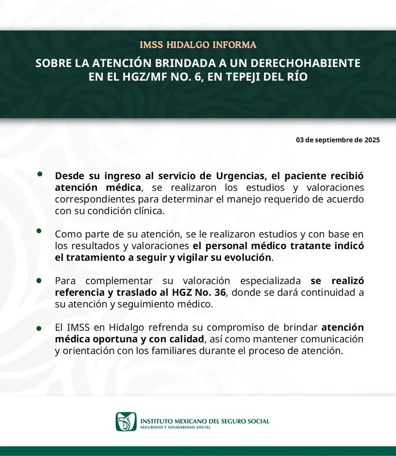 IMSS traslada a paciente de Tepeji a Pachuca tras protesta de familiares