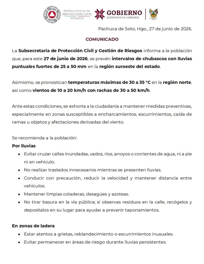 ¡Alerta meteorológica en Hidalgo! Lluvias fuertes de hasta 50 mm y calor extremo de 35°C este sábado
