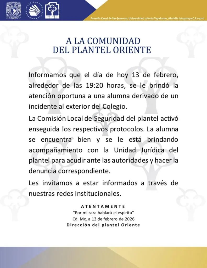 CCH Oriente de la UNAM realiza paro de labores tras agresión sexual y apuñalamiento a estudiante afuera del plantel
