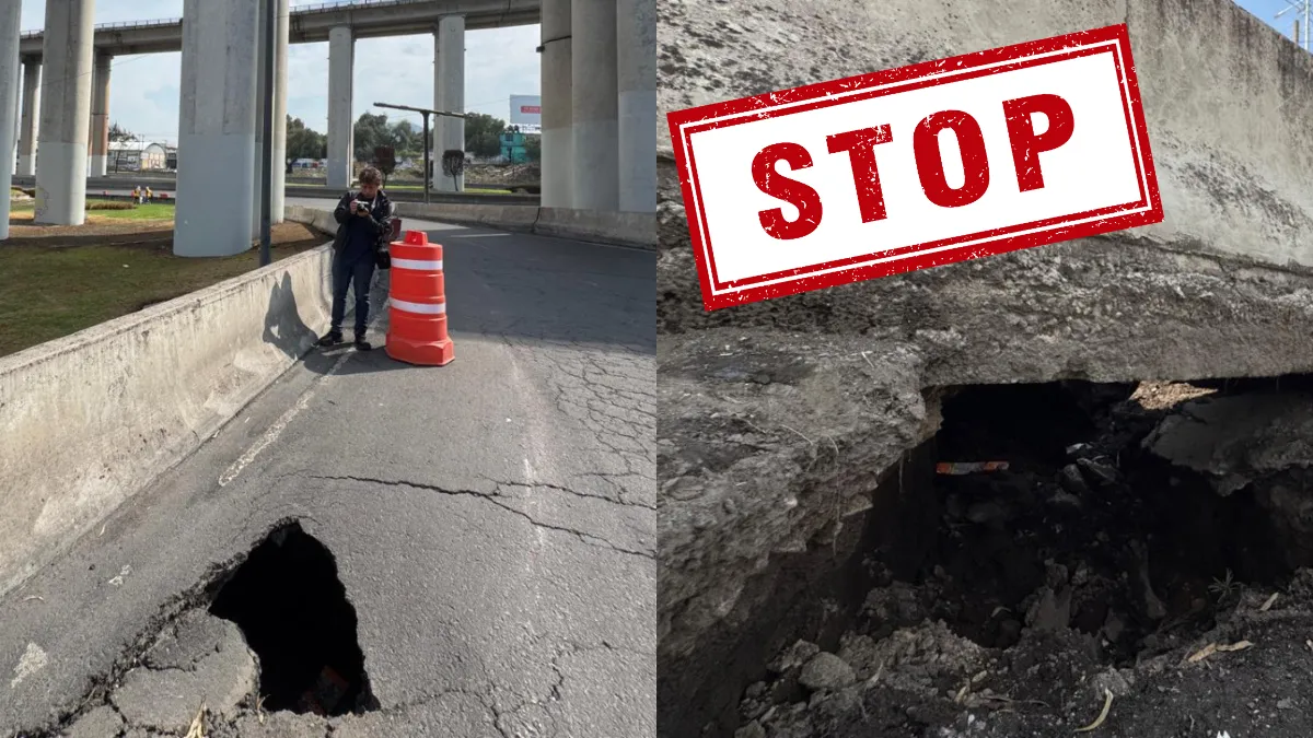 Socavón en Puente de La Concordia, Iztapalapa, pone en riesgo a automovilistas que circulan por la zona.