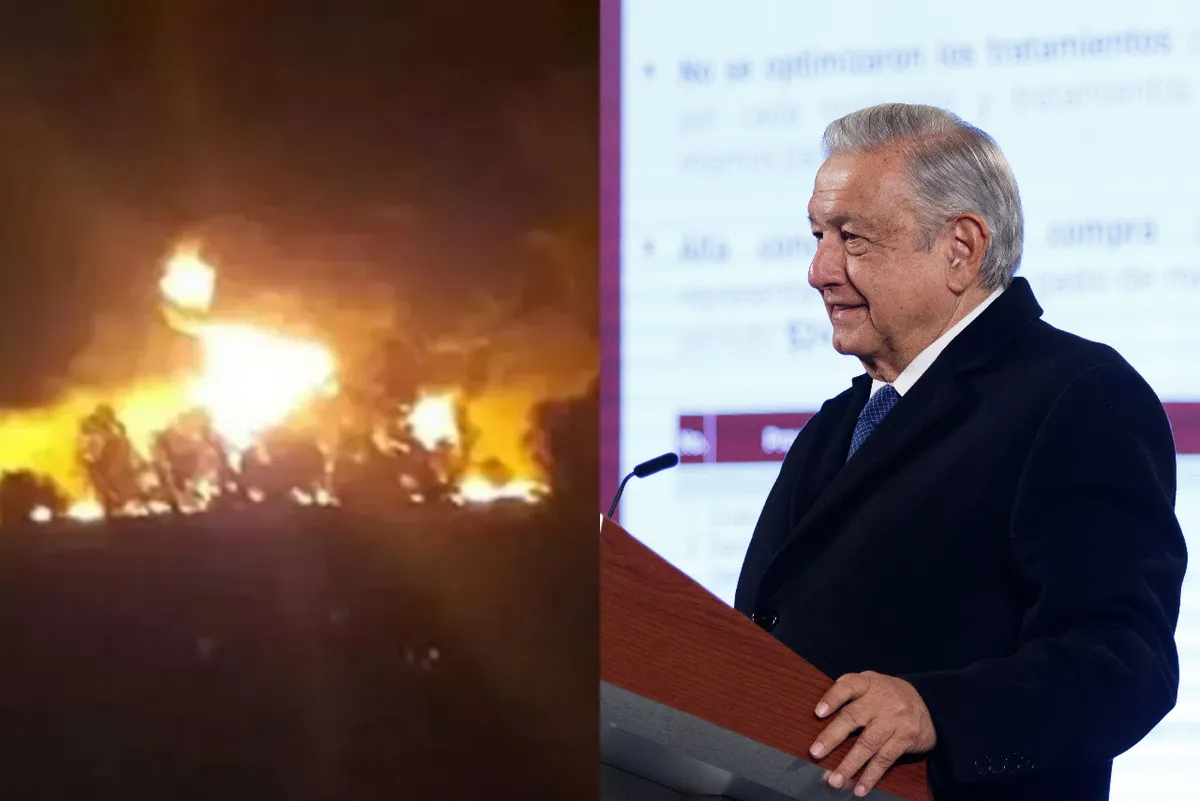 Foto de la explosión en Tlahuelilpan y de AMLO.