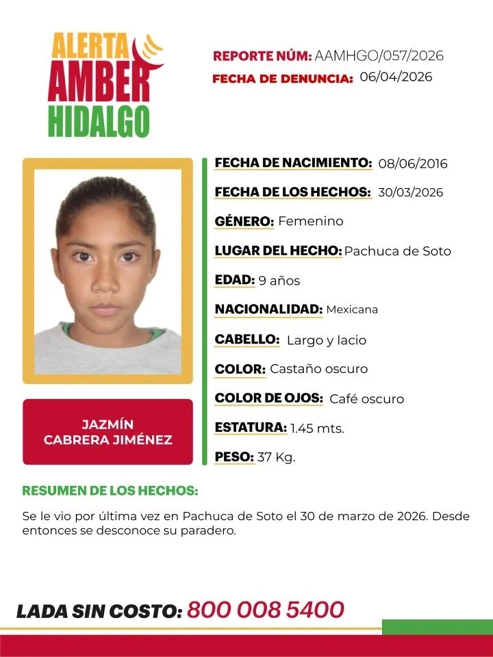 Alerta Amber: Se busca a Jazmín Cabrera Jiménez, desapareció en Pachuca