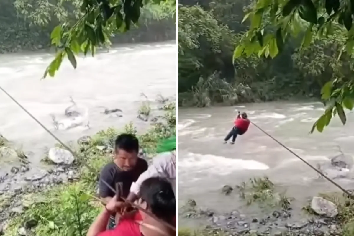 [VIDEO] Sin puente, pobladores de Hidalgo cruzan río en tirolesa improvisada