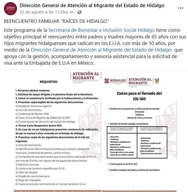 [REQUISITOS] Hidalgo apoya a padres de migrantes hidalguenses en EU para solicitar visa