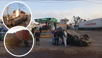 Auto volcado en la calle Javier Rojo Gómez, Tulancingo.