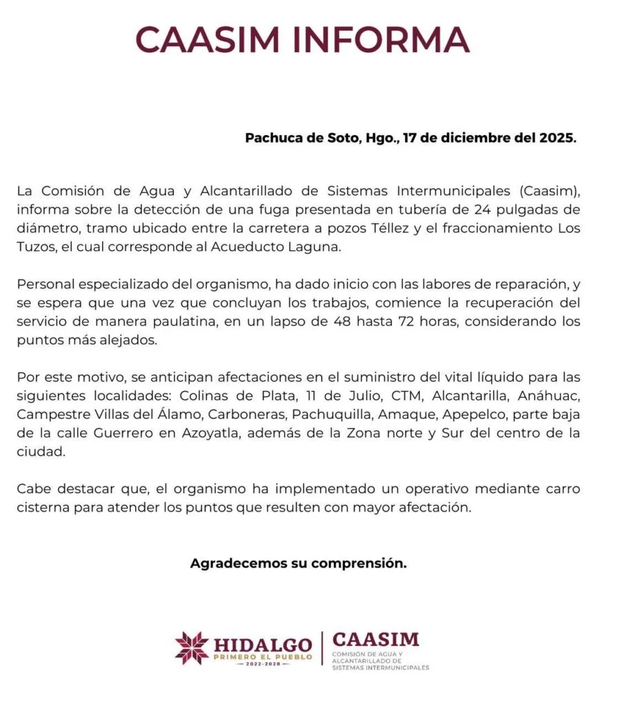 Corte de agua en Pachuca: fuga afectará a más de 10 colonias hasta por 72 horas