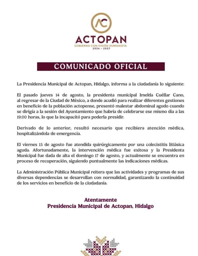 Imelda Cano, alcaldesa de Actopan, es hospitalizada y operada de emergencia