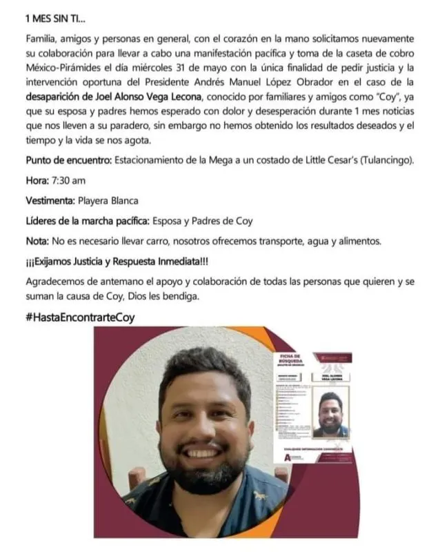 Alistan manifestación en México-Pirámides por desaparición de Joel Alonso