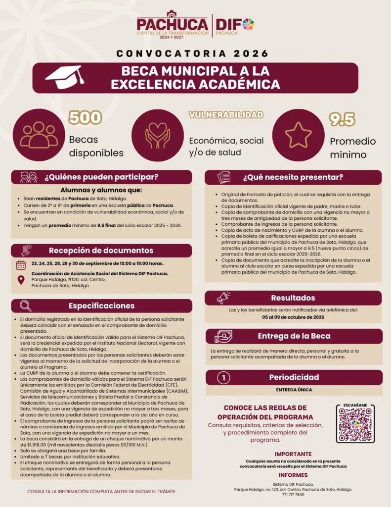 Beca DIF Pachuca 2026: requisitos y fechas para solicitarla