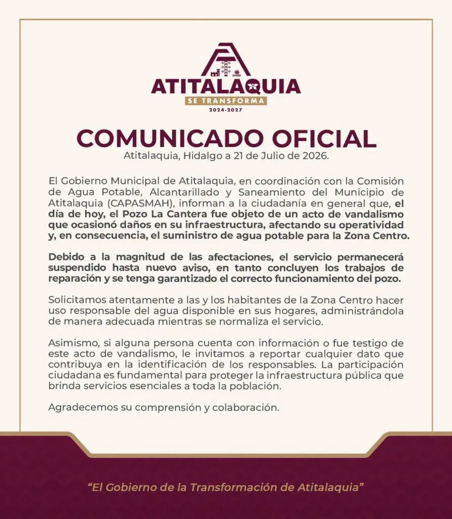 ¡Se quedan sin agua! Vandalizan pozo en Atitalaquia y suspenden el servicio indefinidamente